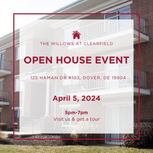 💫Reminder: Open House Today at The Willows at Clearfield From 5-7PM!🌟 

Available Rentals*
2 BR $505 
3 BR $904 

Don't miss this opportunity to explore our community and find the perfect place to call home. See you there! 

Open House🏡 
📅April 5, 2024 from 5pm-7pm 
📍125 Haman Dr #103, Dover, DE 19904 
🔗 willowsatclearfield.com
*Note: Minimum and max income restrictions apply. Ask manager for more details.