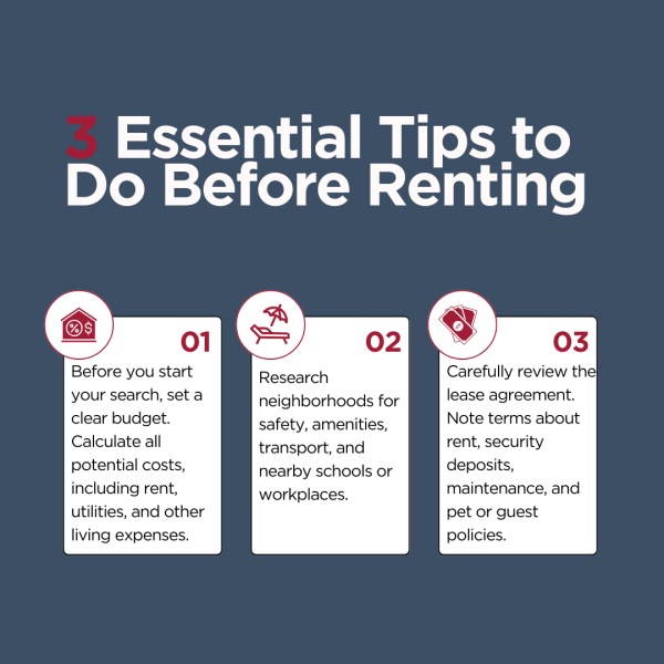 Planning to rent soon? Here are three essential tips to do before renting:
1️⃣ Set a clear budget, including rent, utilities, and living expenses.
2️⃣ Research neighborhoods for safety, amenities, and transport options.
3️⃣ Review lease agreements thoroughly for terms on rent, deposits, maintenance, and policies.

Don't start your search without these crucial steps! 🌟

#RentingTips #Budgeting #NeighborhoodResearch #LeaseAgreement #RentalAdvice #HomeSearch #TenantTips #MovingTips